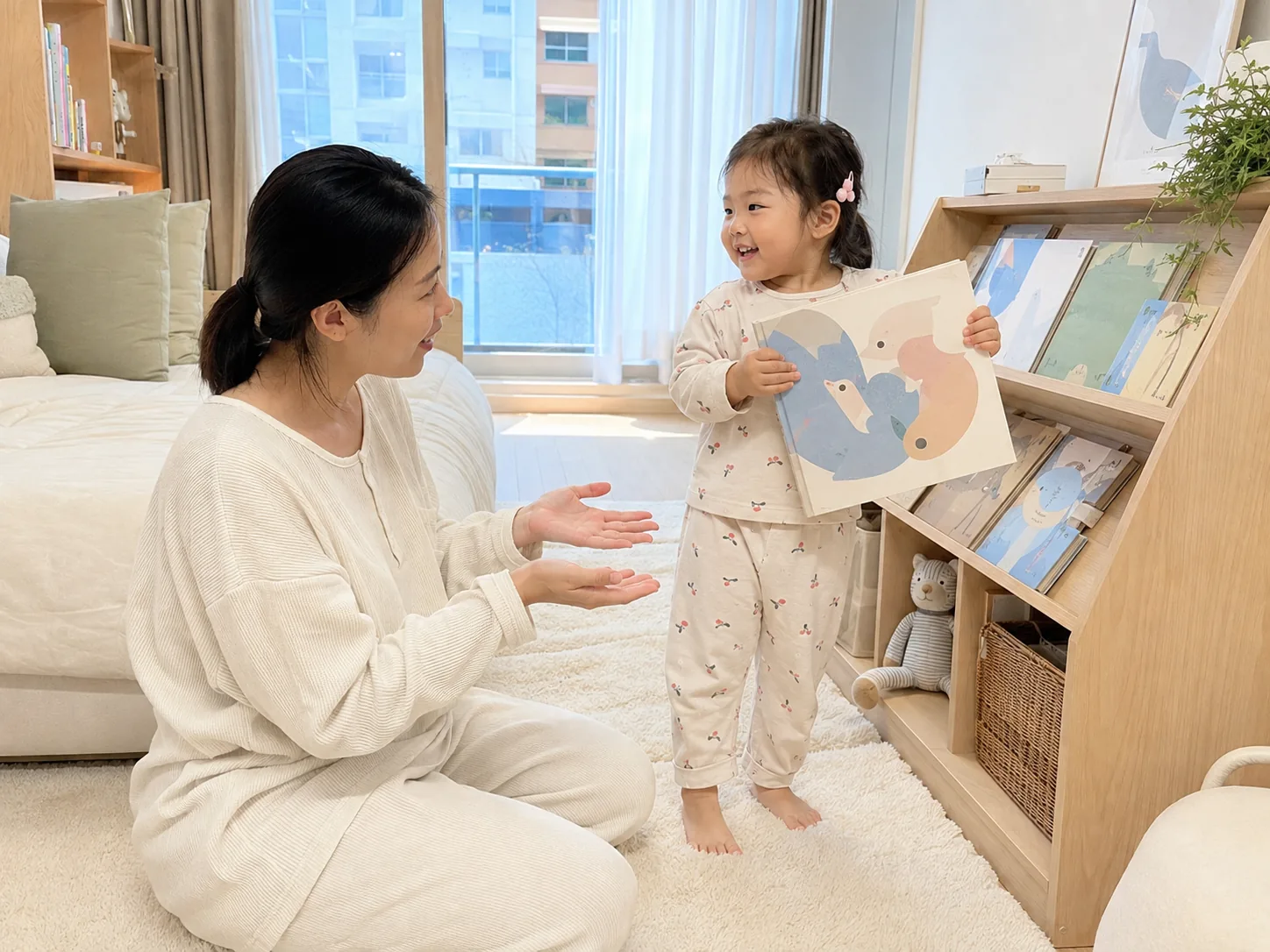 그림책을 들고 엄마와 이야기하는 아이