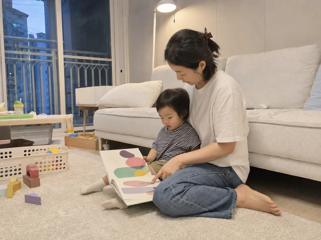 거실에서 엄마와 함께 그림책을 읽는 아이