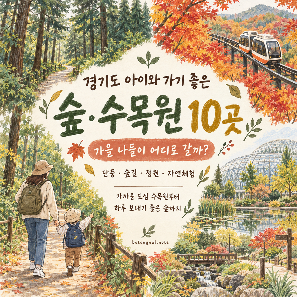 경기도 수목원 10곳과 아이와 가을 숲 나들이를 소개하는 대표 일러스트