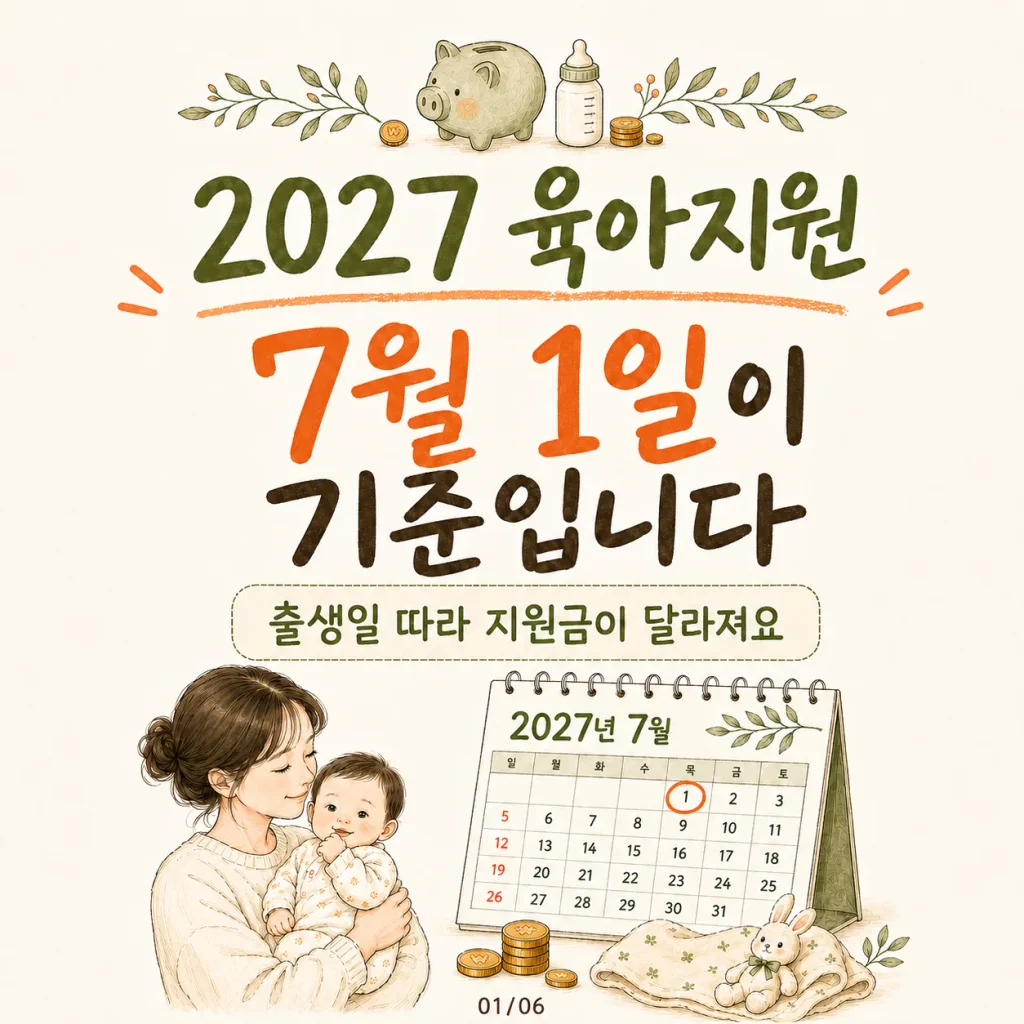 2027 육아지원 변경 예정 7월 1일 출생일 기준 아이맞이지원금 아동기본수당 표지 카드