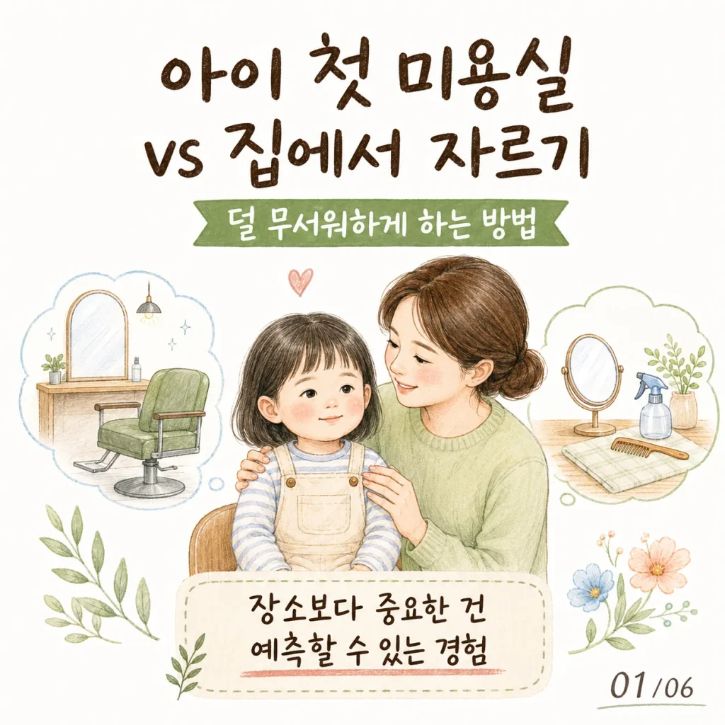 아이 첫 미용실 vs 집에서 앞머리 자르기 덜 무서워하게 하는 방법 표지 카드