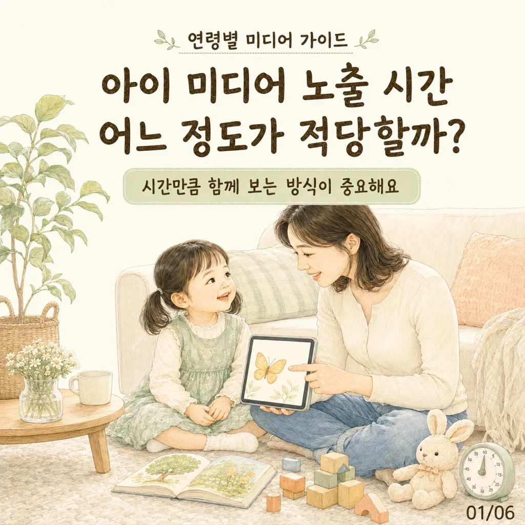 아이 미디어 노출 시간 표지 카드: 어느 정도가 적당할까? 시간만큼 함께 보는 방식이 중요해요
