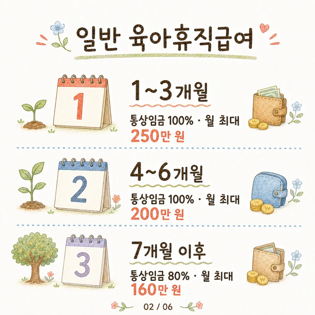 2026 일반 육아휴직급여 기간별 지급률과 월 상한액 카드