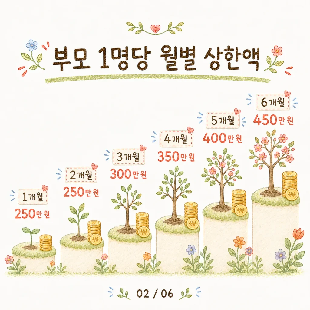 부모 1명당 월별 상한액 카드: 1개월 250만 원부터 6개월 450만 원까지