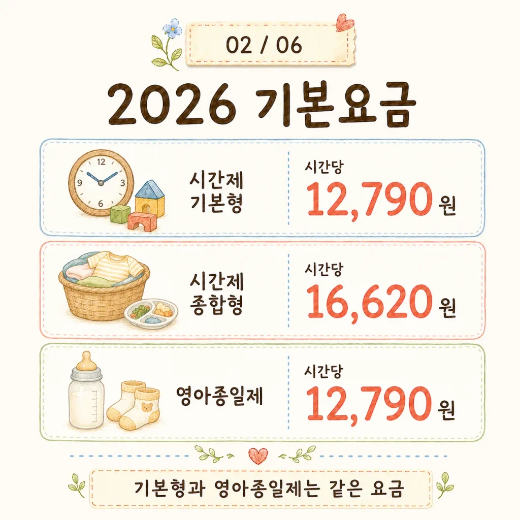 2026 아이돌봄서비스 기본요금 시간제 기본형 종합형 영아종일제 시간당 요금