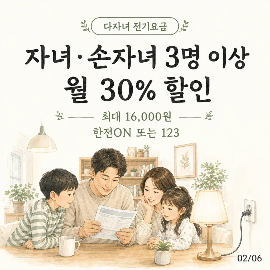 다자녀 혜택 전기요금 할인 카드: 자녀·손자녀 3명 이상 월 30% 할인, 최대 16,000원
