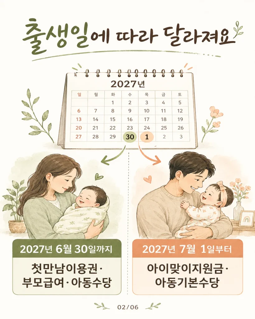 2027년 7월 1일 출생일 기준 기존 제도와 새 양육지원 체계 비교 카드