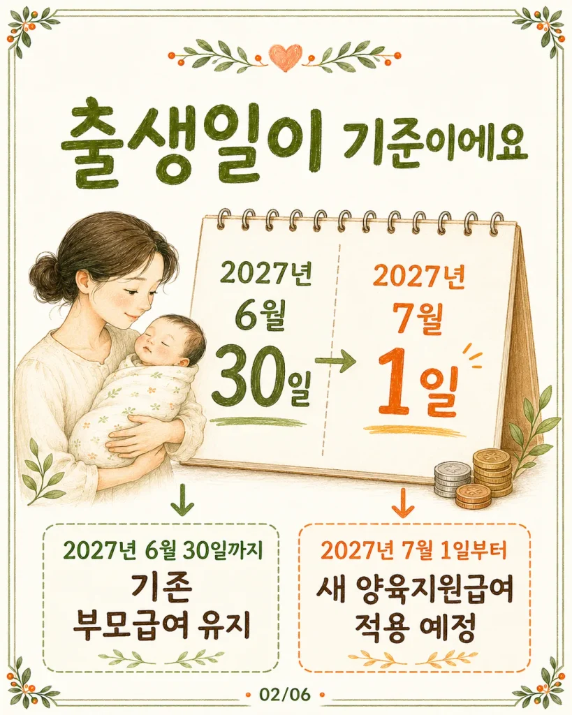 2027년 6월 30일과 7월 1일 출생일 기준 부모급여 개편 비교 카드