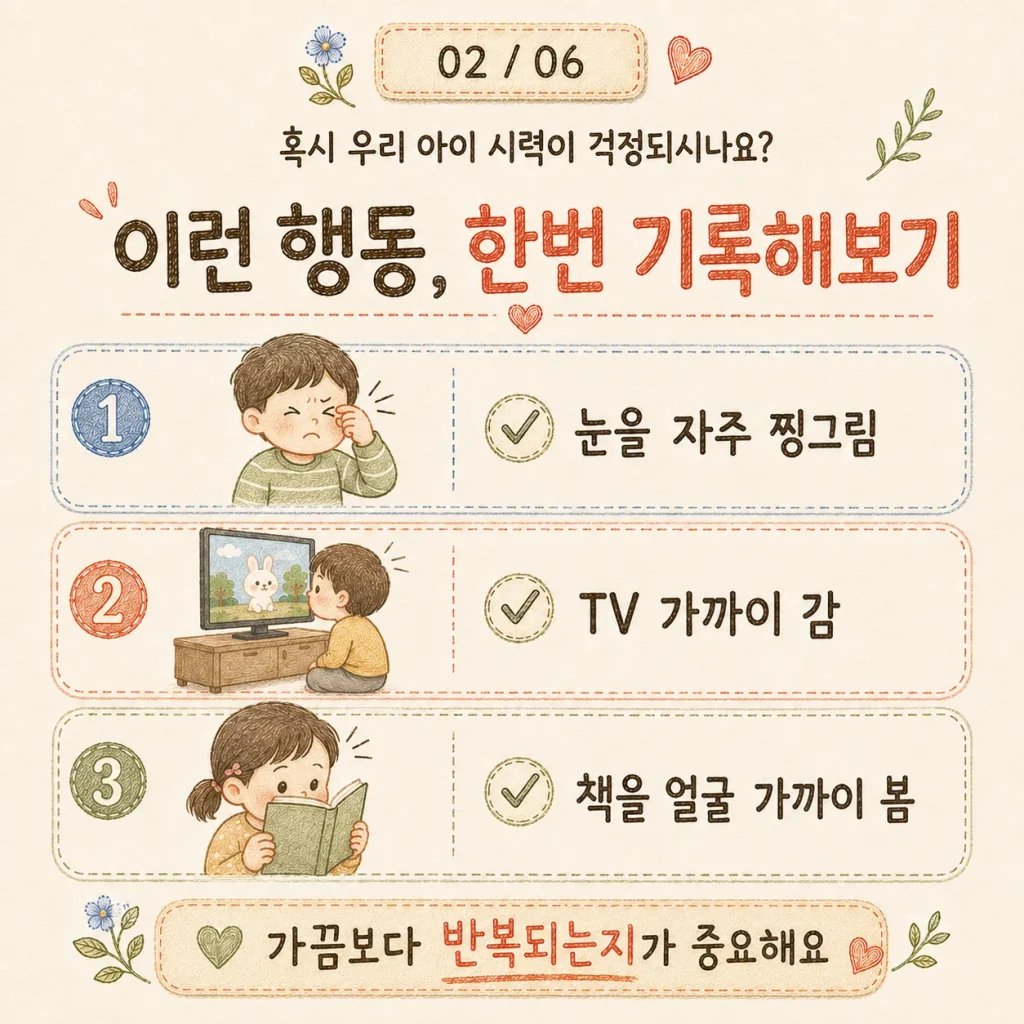 아이 시력 이상 행동 기록 카드: 눈 자주 찡그림, TV 가까이 감, 책을 얼굴 가까이 봄