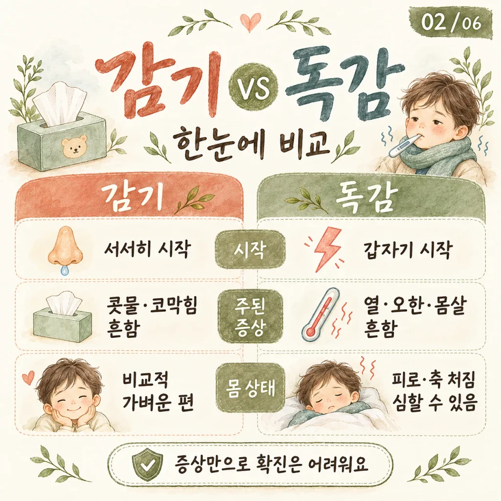 감기 vs 독감 한눈에 비교 서서히 시작 갑자기 시작