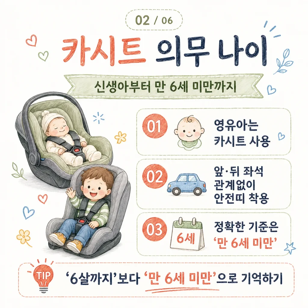 카시트 의무 나이 카드: 신생아부터 만 6세 미만까지, 6살까지보다 만 6세 미만으로 기억하기