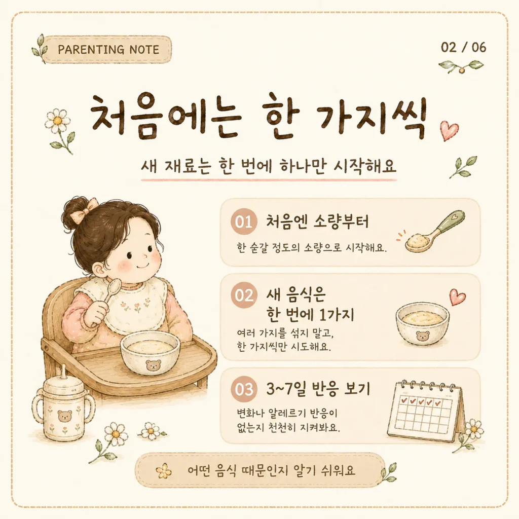 이유식 새 재료는 처음에는 한 가지씩 소량부터 시작하는 방법 카드