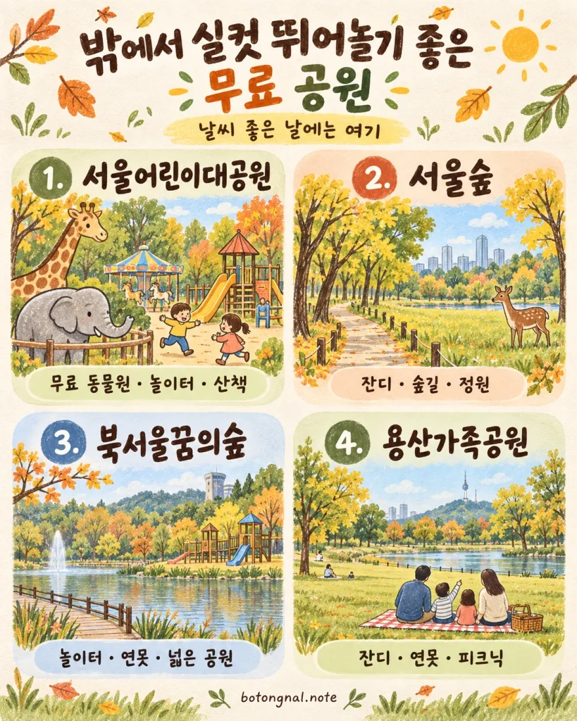 서울어린이대공원 서울숲 북서울꿈의숲 용산가족공원 안내 카드