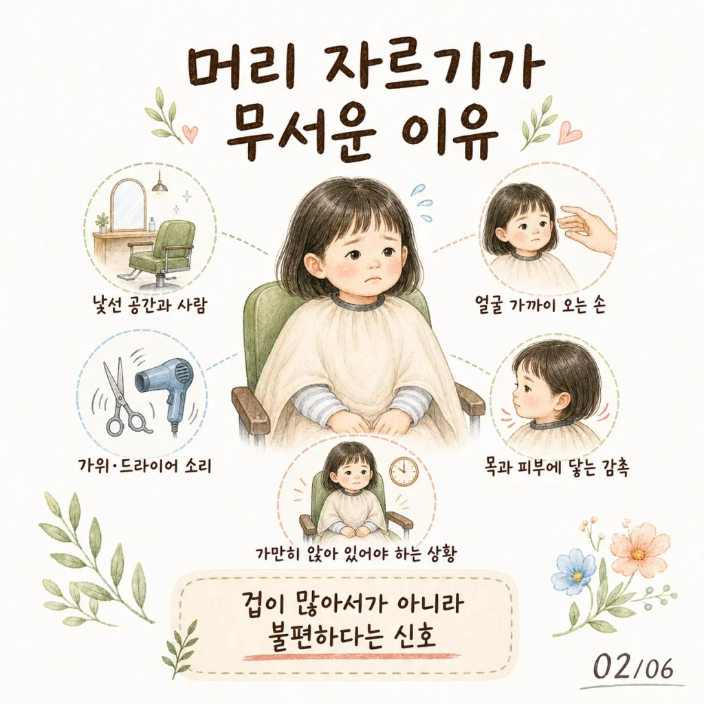낯선 공간 가위 소리 드라이기 머리카락 감촉 등 아이가 머리 자르기를 무서워하는 이유 카드