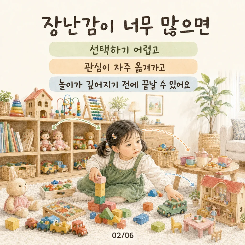 장난감이 너무 많으면 선택하기 어렵고 놀이가 자주 끊겨요