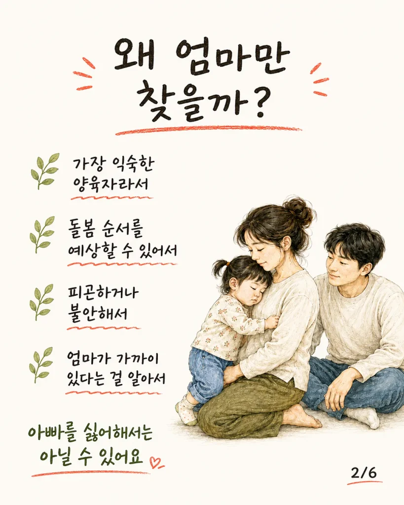 아이가 엄마만 찾을 때 이유 카드: 가장 익숙한 양육자, 돌봄 순서 예상, 피곤하거나 불안해서