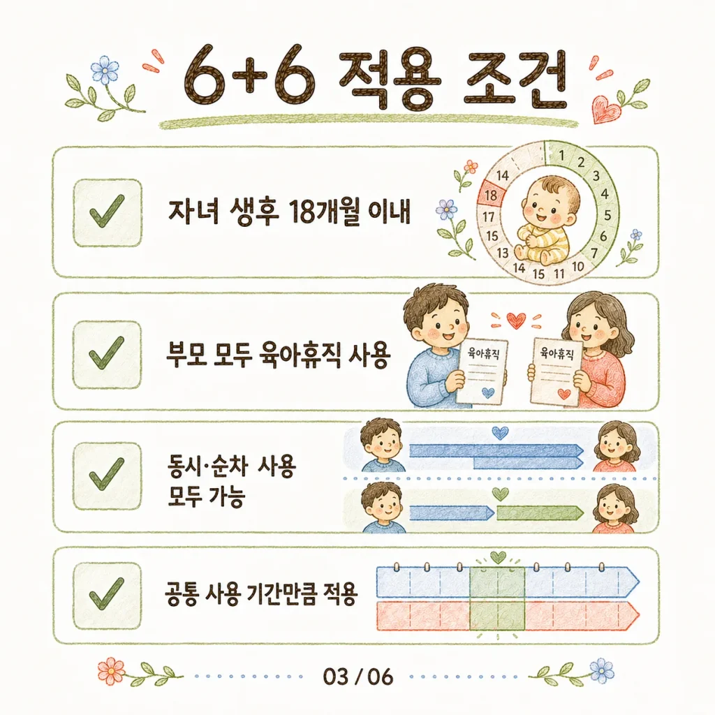 6+6 적용 조건 카드: 자녀 생후 18개월 이내, 부모 모두 육아휴직 사용, 동시·순차 사용 가능