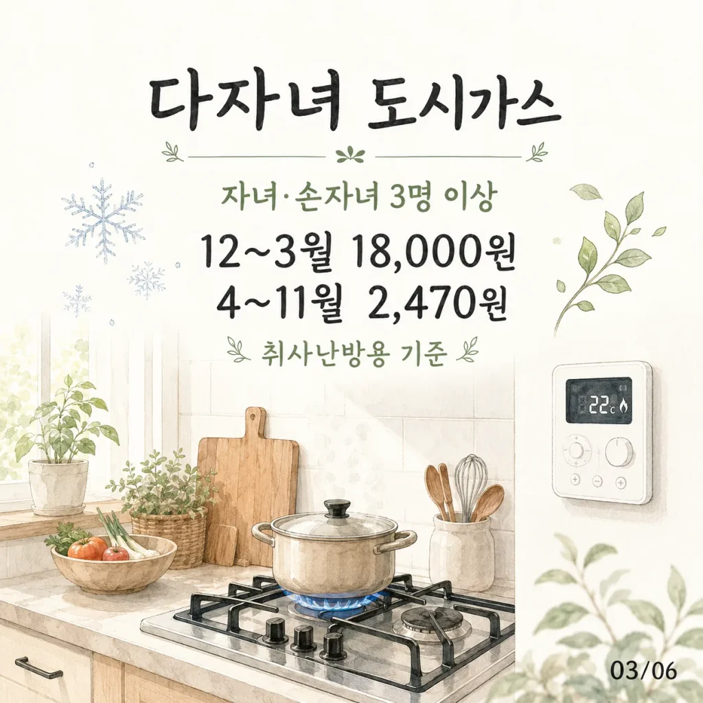 도시가스 할인 카드: 자녀·손자녀 3명 이상, 12~3월 월 18,000원, 4~11월 월 2,470원