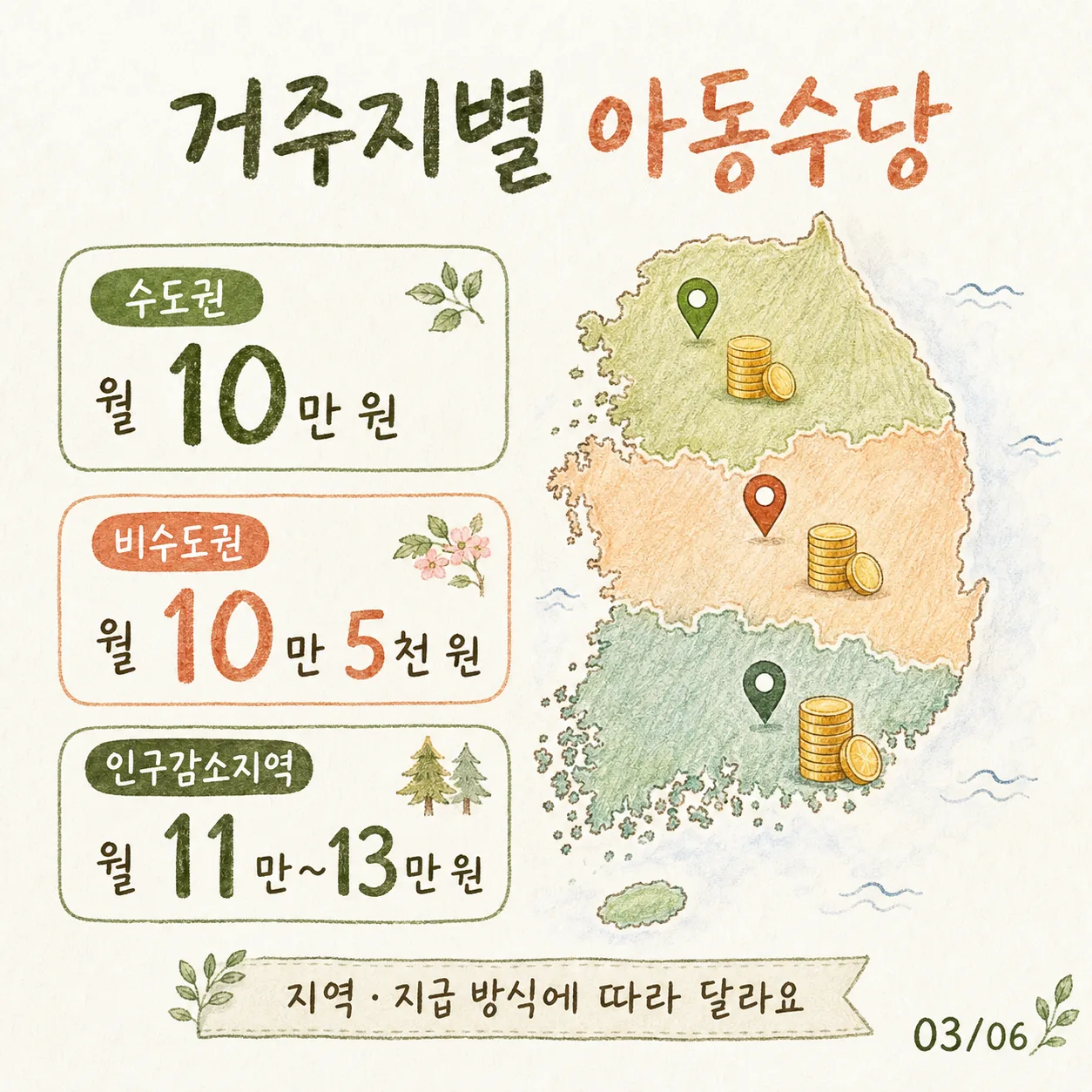 거주지역별 초등학생 아동수당 금액