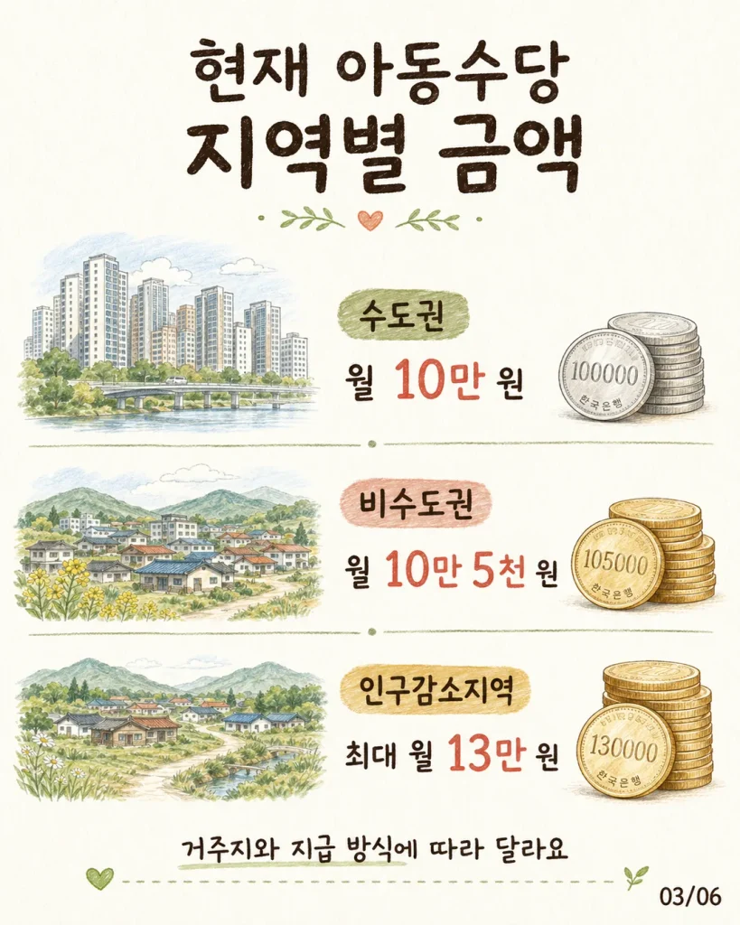 아동수당 지역별 금액 카드: 수도권 월 10만 원, 비수도권 10만 5천 원, 인구감소지역 최대 13만 원