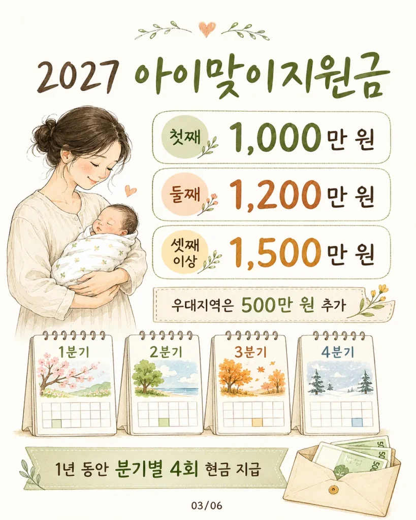 2027 아이맞이지원금 첫째 1000만 원 둘째 1200만 원 셋째 1500만 원 분기별 지급 카드