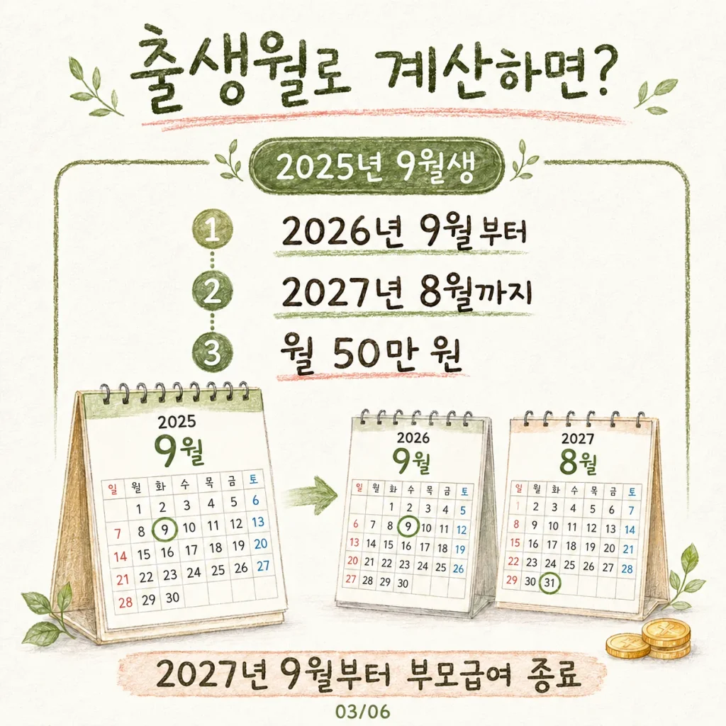 2025년 9월생 기준 1세 부모급여 출생월 계산 예시 카드
