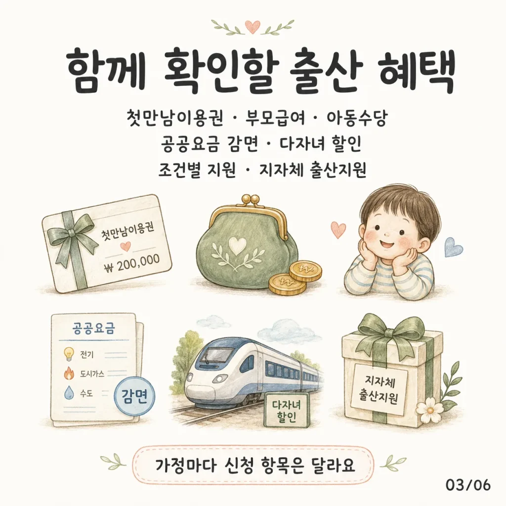 행복출산으로 함께 확인할 출산 혜택 카드: 첫만남이용권·부모급여·아동수당, 공공요금 감면, 다자녀 할인