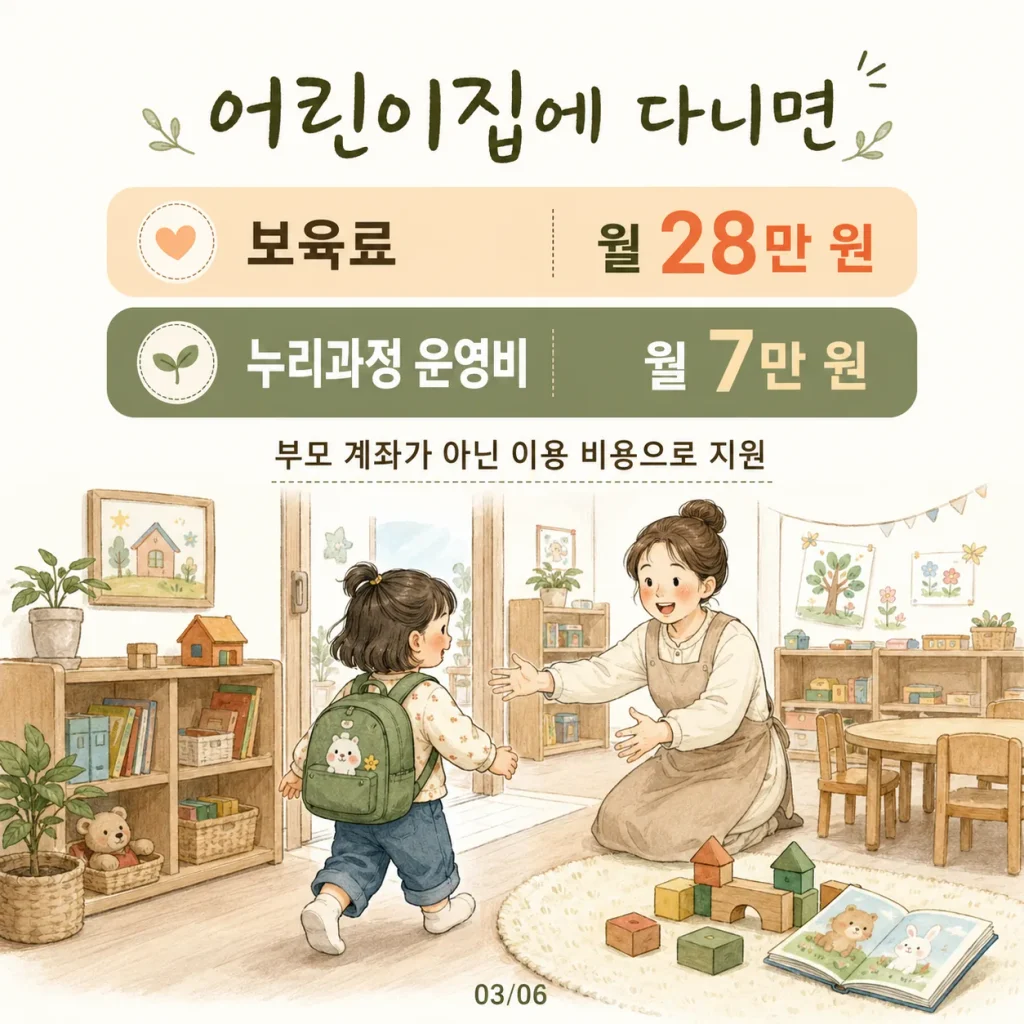 어린이집 누리과정 보육료 월 28만 원 운영비 월 7만 원
