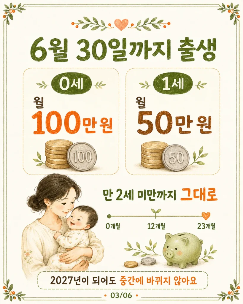 2027년 6월 30일까지 출생아 부모급여 0세 월 100만 원 1세 월 50만 원 카드