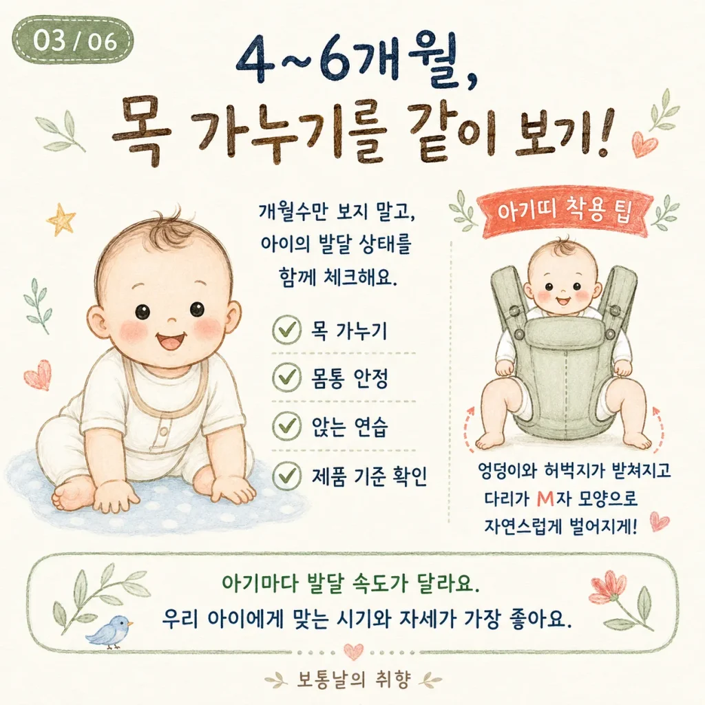 4~6개월 목 가누기와 아기띠 M자 자세 확인 카드