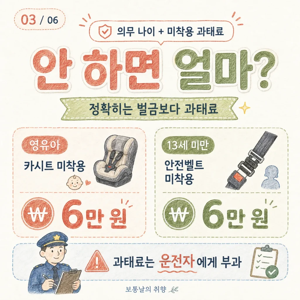 카시트 미착용 과태료 카드: 영유아 카시트 미착용 6만 원, 13세 미만 안전벨트 미착용 6만 원, 과태료는 운전자에게 부과