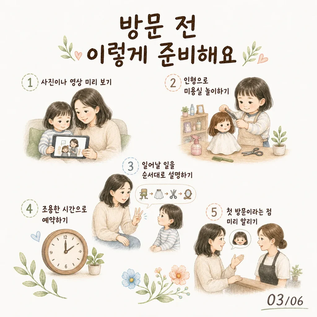 아이 첫 미용실 방문 전 과정 설명 인형 놀이 조용한 시간 예약 준비 카드
