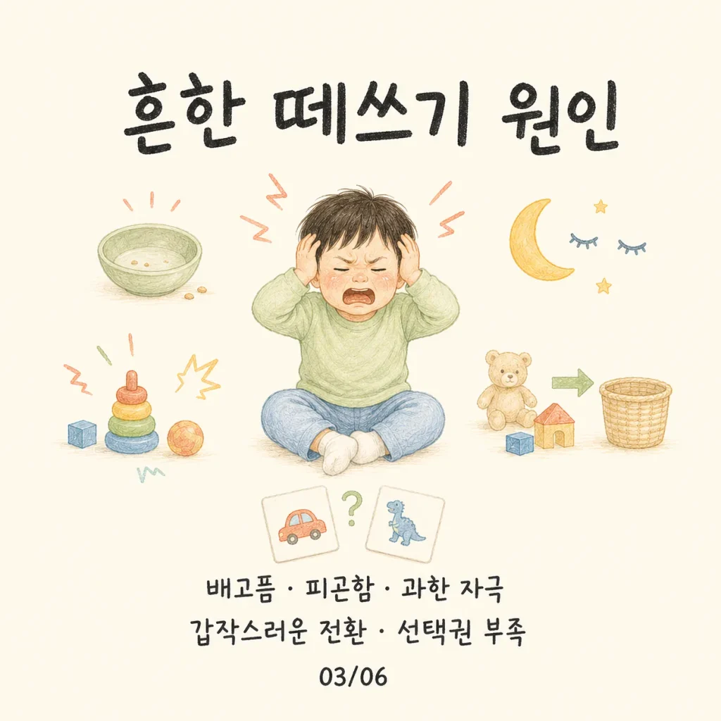 흔한 떼쓰기 원인 배고픔 피곤함 과한 자극 갑작스러운 전환 카드