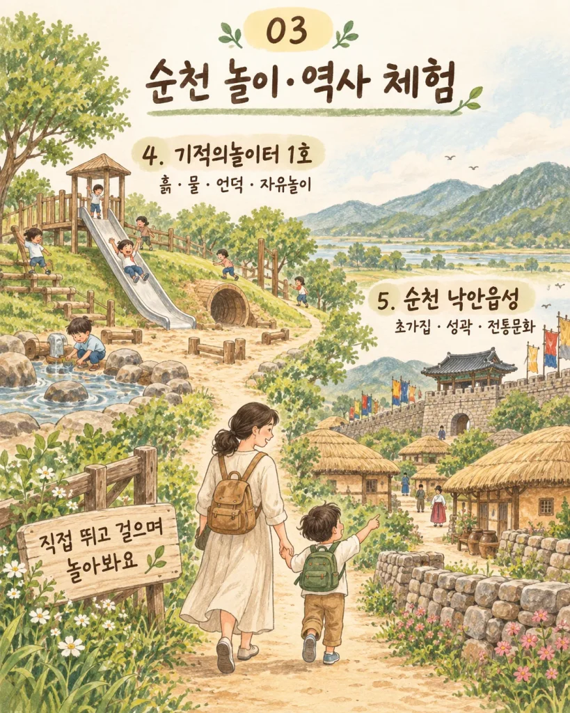 기적의놀이터 1호와 낙안읍성 놀이·역사 체험 안내 카드