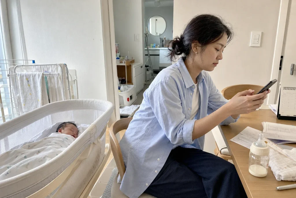 아기 침대 옆에서 휴대폰으로 출산지원금 정보를 확인하는 엄마