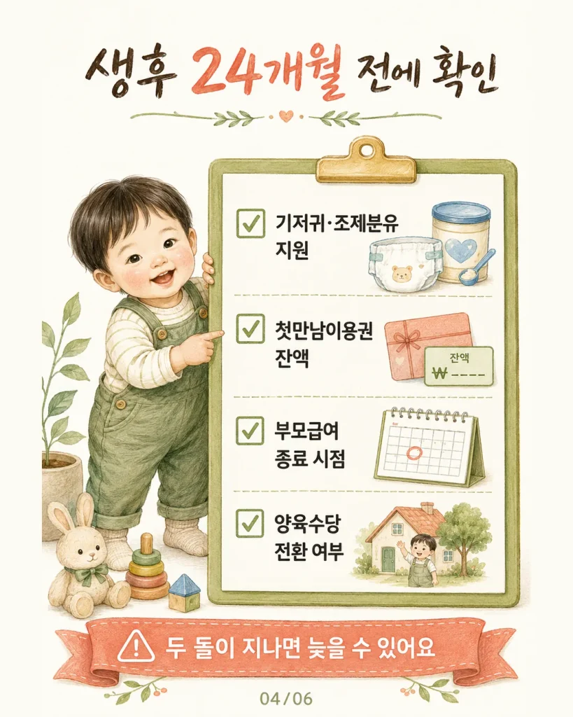 생후 24개월 전 확인할 육아지원 기저귀 조제분유 첫만남이용권 잔액 부모급여 종료 카드