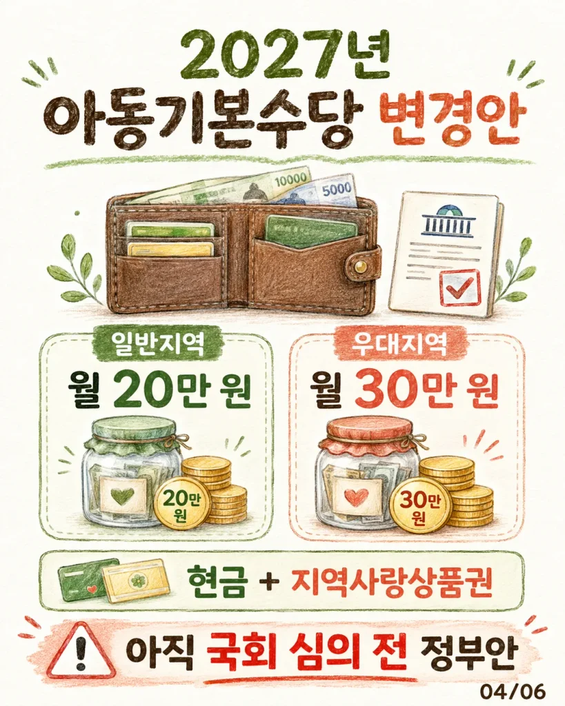 2027년 아동기본수당 변경안 카드: 일반지역 월 20만 원, 우대지역 월 30만 원, 국회 심의 전 정부안