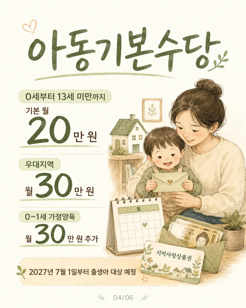 2027 아동기본수당 기본 월 20만 원 우대지역 월 30만 원 0~1세 가정양육 30만 원 추가 카드