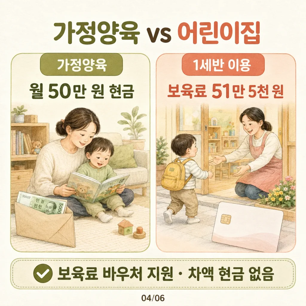 가정양육 월 50만 원 현금과 어린이집 1세반 보육료 51만 5천 원 비교 카드
