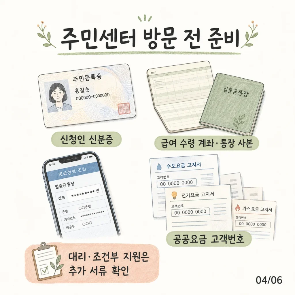주민센터 방문 전 준비 카드: 신청인 신분증, 급여 수령 계좌·통장 사본, 공공요금 고객번호