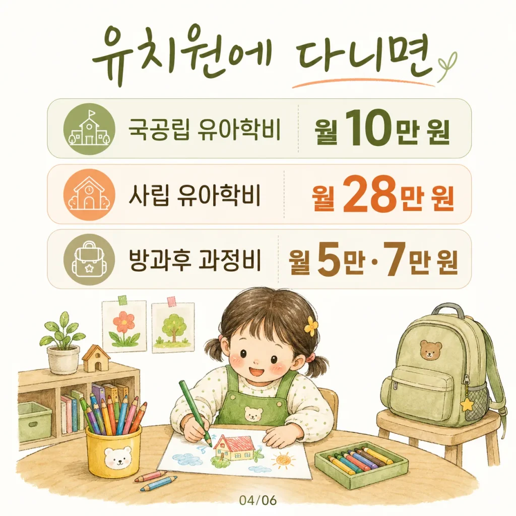 유치원 국공립 유아학비 월 10만 원 사립 월 28만 원 방과후 과정비