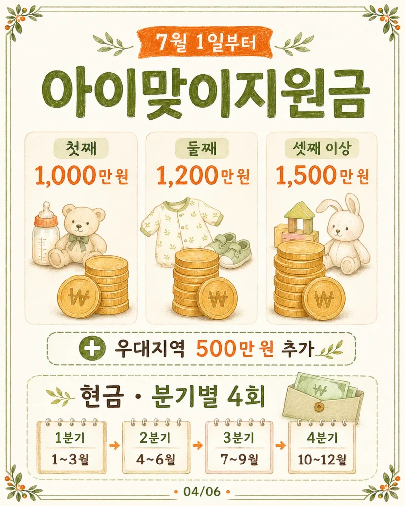 아이맞이지원금 첫째 1,000만 원 둘째 1,200만 원 셋째 1,500만 원 카드