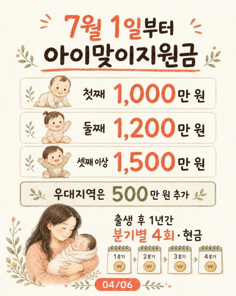 아이맞이지원금 카드: 첫째 1,000만 원, 둘째 1,200만 원, 셋째 이상 1,500만 원, 우대지역 500만 원 추가