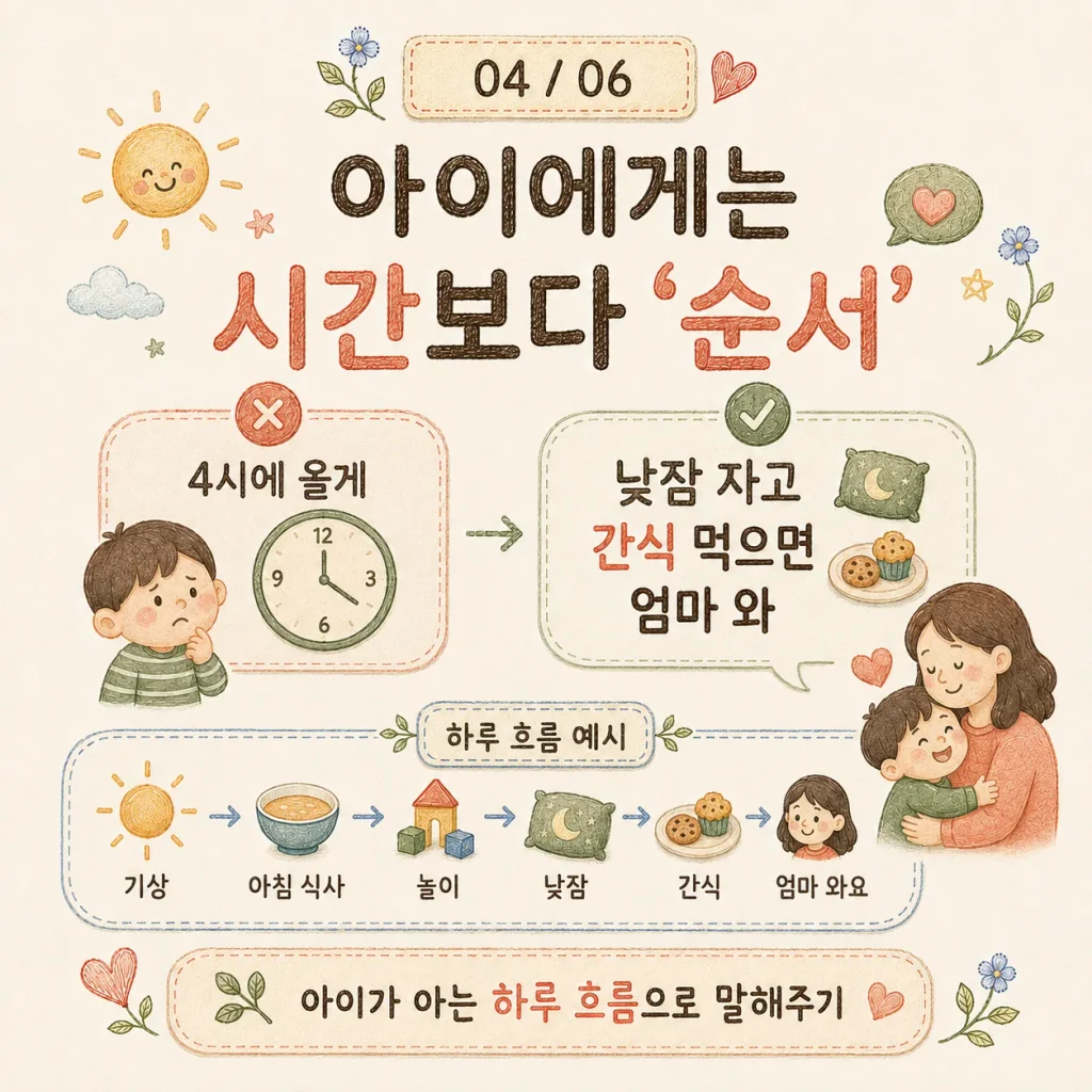 아이에게는 4시에 올게 대신 하루 순서로 다시 만나는 시간 알려주기 카드