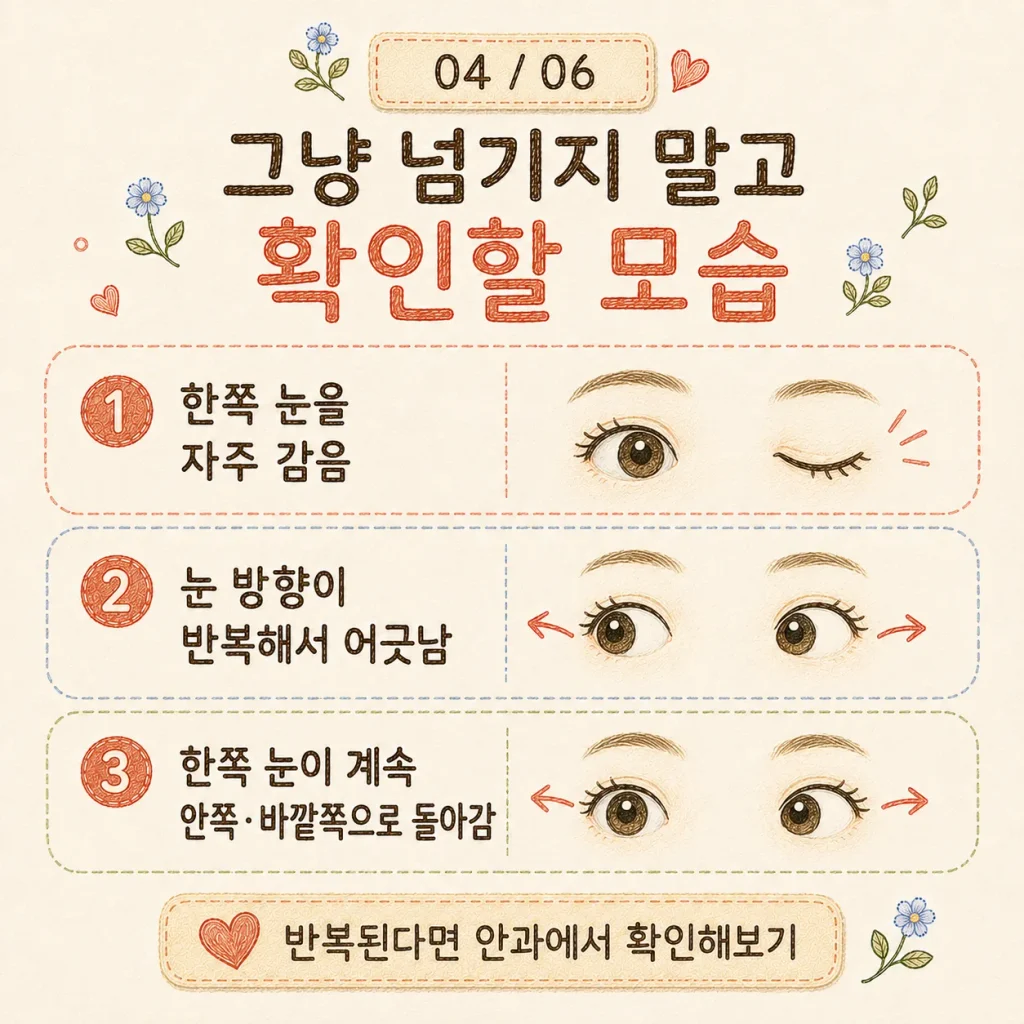 그냥 넘기지 말고 확인할 모습 카드: 한쪽 눈을 자주 감음, 눈 방향이 반복해서 어긋남, 한쪽 눈이 안쪽·바깥쪽으로 돌아감