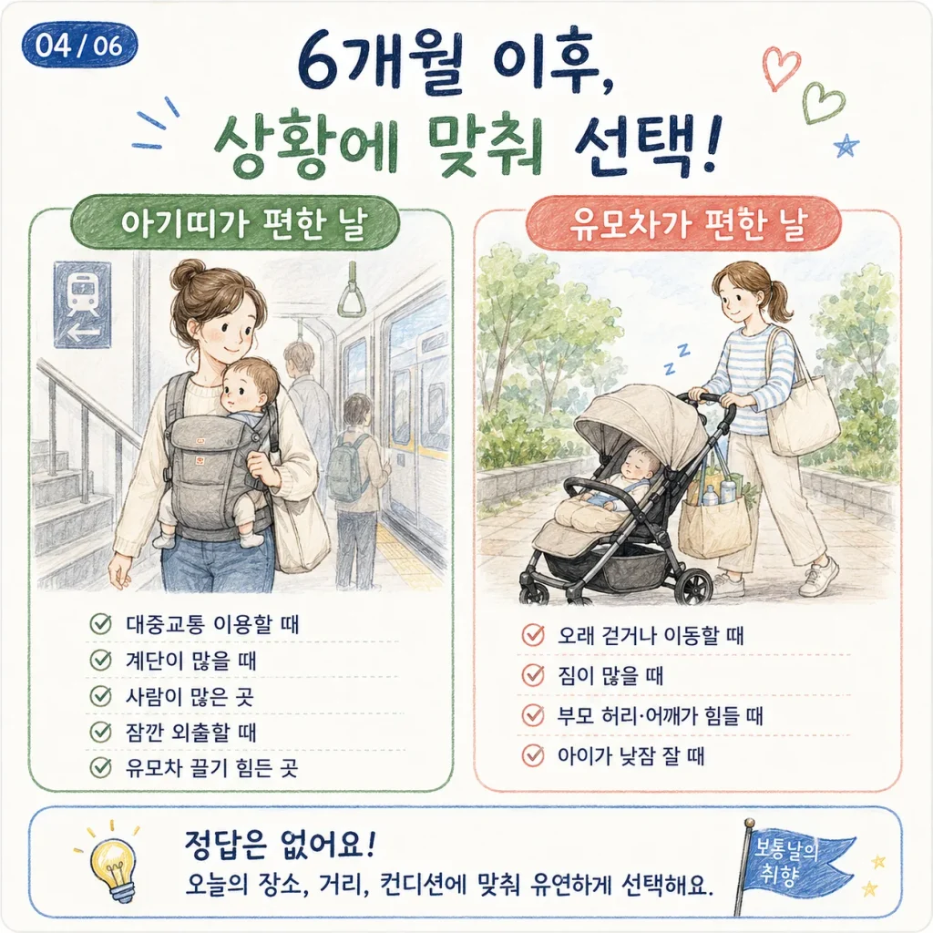 6개월 이후 아기띠가 편한 날과 유모차가 편한 날 비교 카드