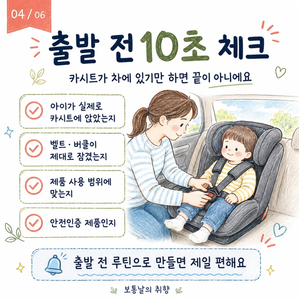 카시트 출발 전 10초 체크 카드: 아이가 실제로 앉았는지, 벨트·버클 체결, 제품 사용 범위, 안전인증 제품