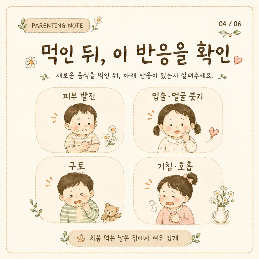 이유식 먹인 뒤 피부 발진 입술 붓기 구토 기침 반응 확인 카드