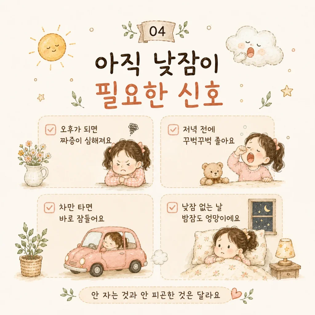 아직 낮잠이 필요한 신호 오후 예민 차에서 잠듦 카드