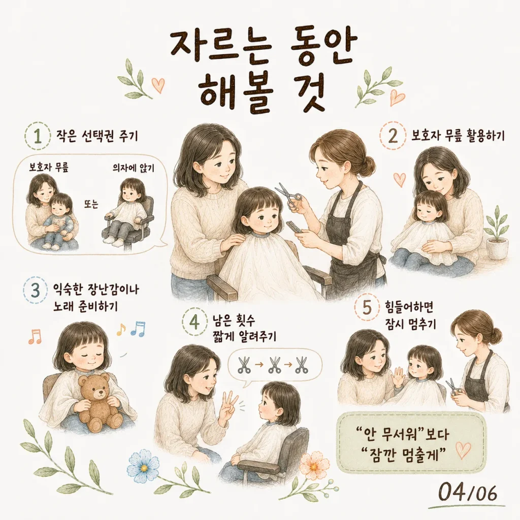 머리 자르는 동안 선택권 주기 구간 나누기 감정 인정하기 카드